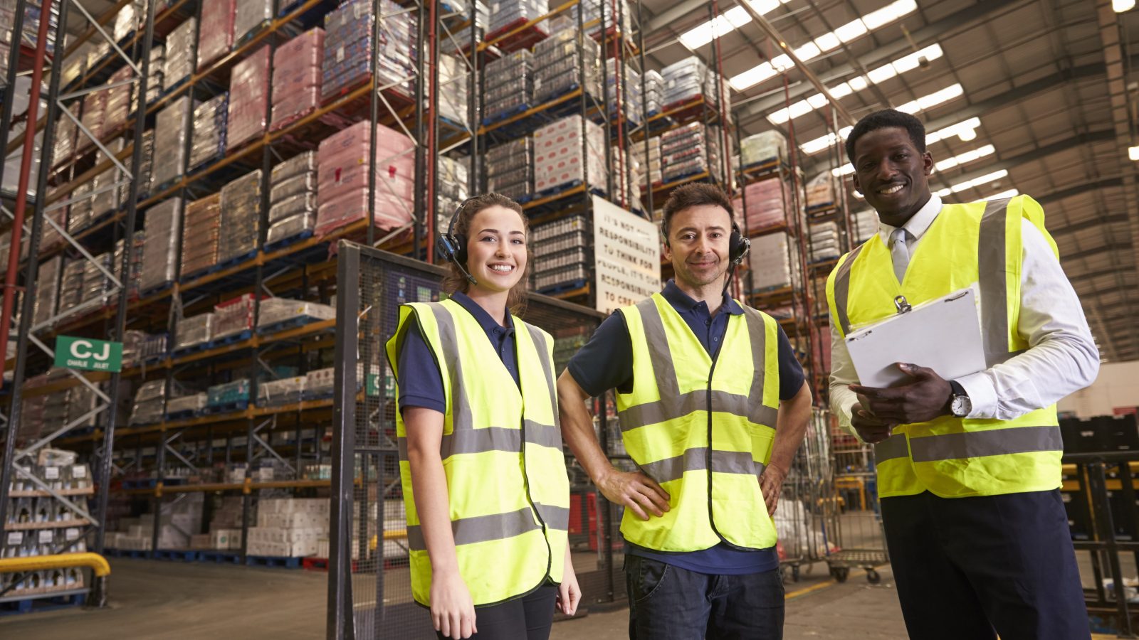 Distribution warehouse manager and colleagues look to camera