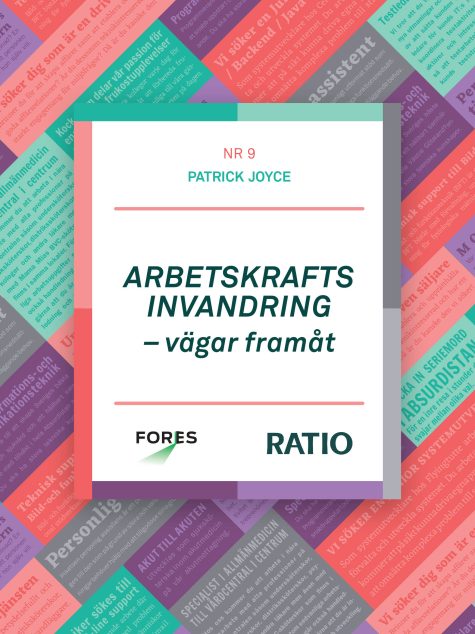 Rapportomslag med grafisk mönster som bakgrund och texten Arbetskraftinvandring - vägar framåt
