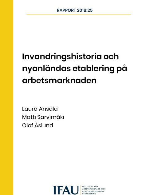 Rapportomslag med vit bakgrund och texten Invadringshistoria och nyanländas etablering på arbetsmarknaden